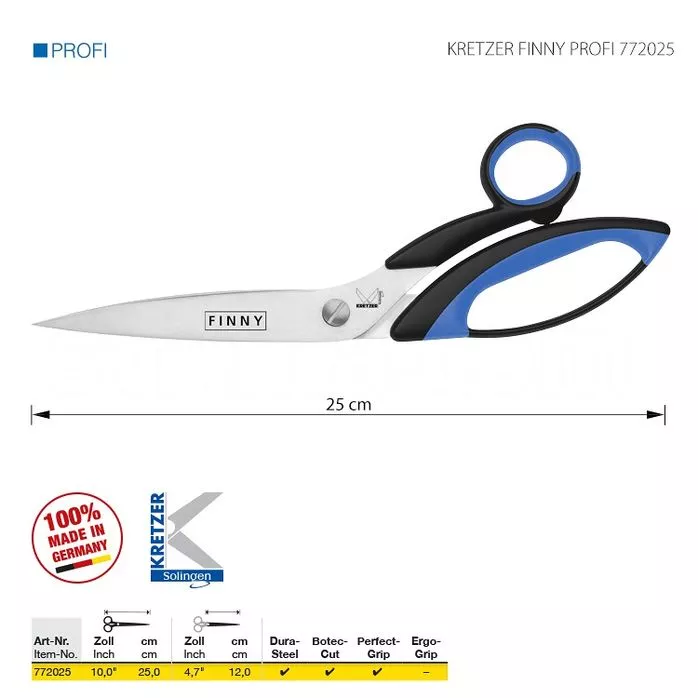 KRETZER FINNY PROFI 772025 - Nożyczki krawieckie do trudnych, grubych materiałów, ostre czubki
