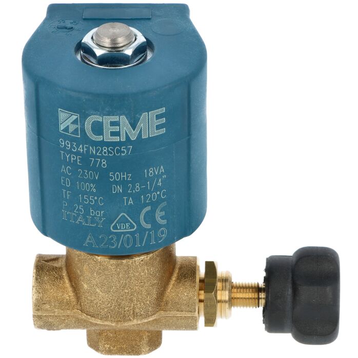 Elektrozawór kątowy CEME 2.8- 1/4"  z regulatorem wydatku przepływu do wytwornic par