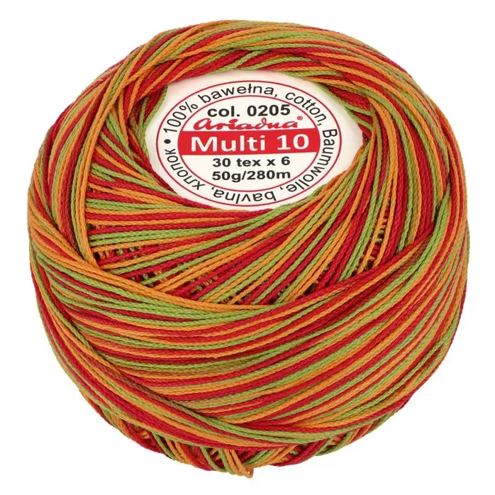 Kordonek Multi 10 50g 280m kolor 205 zielony-pomarańczowy-czerwony