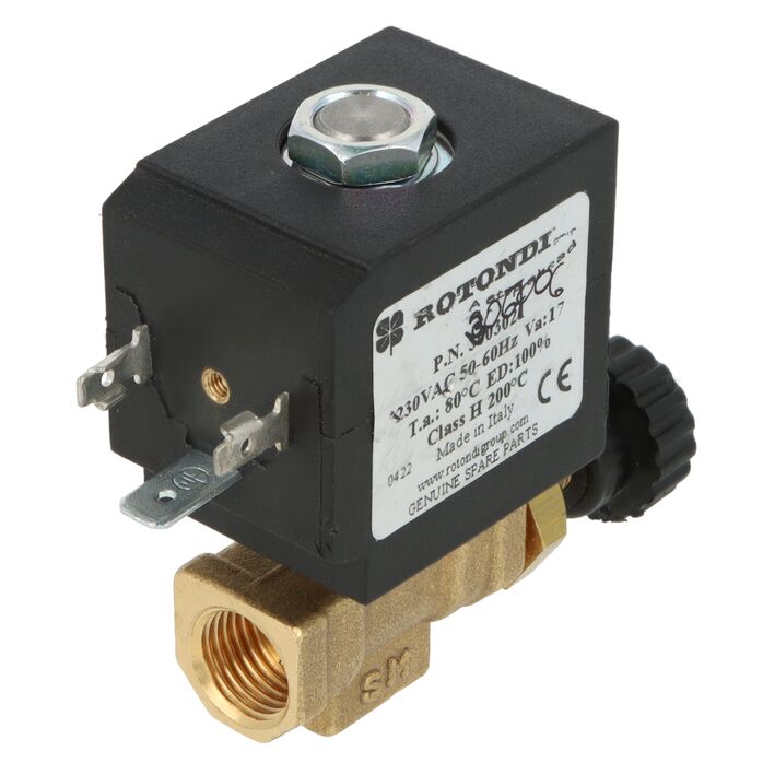 Elektrozawór kątowy 1/4" z regulatorem wydatku przepływu ROTONDI 3067006 oryginalny do wytwornicy pary Rotondi Mini 2, Rotondi Mini 3, Rotondi Mini 45