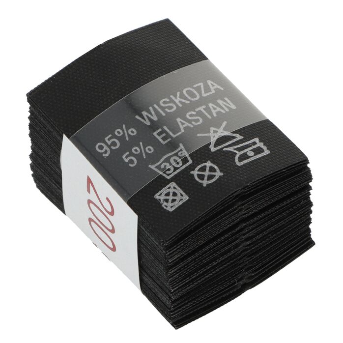 Wszywki surowcowo-ostrzegawcze 95% WISKOZA 5% ELASTAN 30° czarne 20 x 28mm