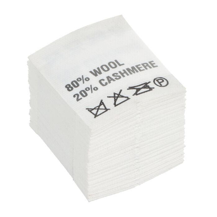 Wszywki surowcowo-ostrzegawcze 80% WOOL 20% CASHMERE nie prać 20 x 22mm